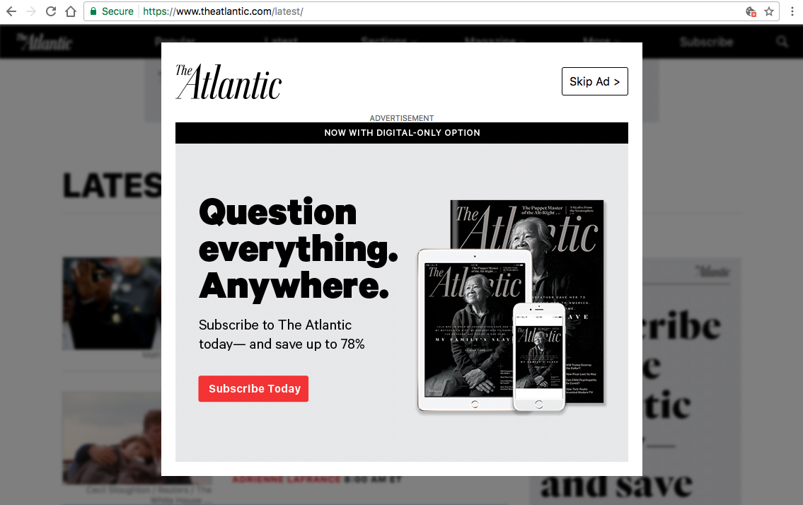 Image of subscription plea overlay from The Atlantic website