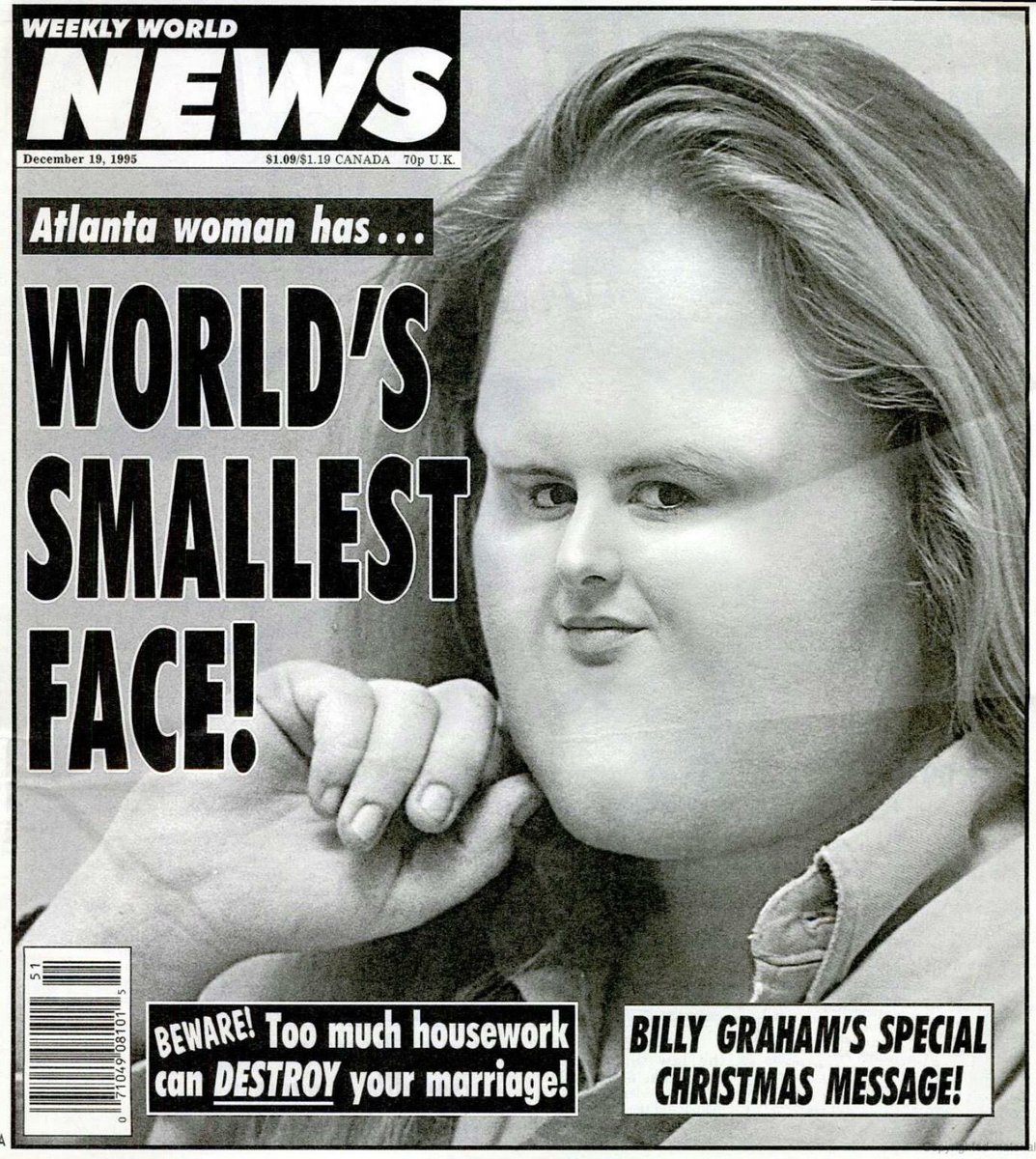 Image of woman with shrunken face from the cover of a Weekly World News Tabloid